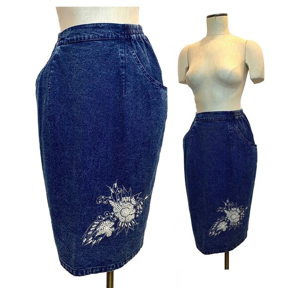 Vintage Dresses & Skirts - 80s High Waist Acid Wash Denim Skirt with Pearl Appliqué